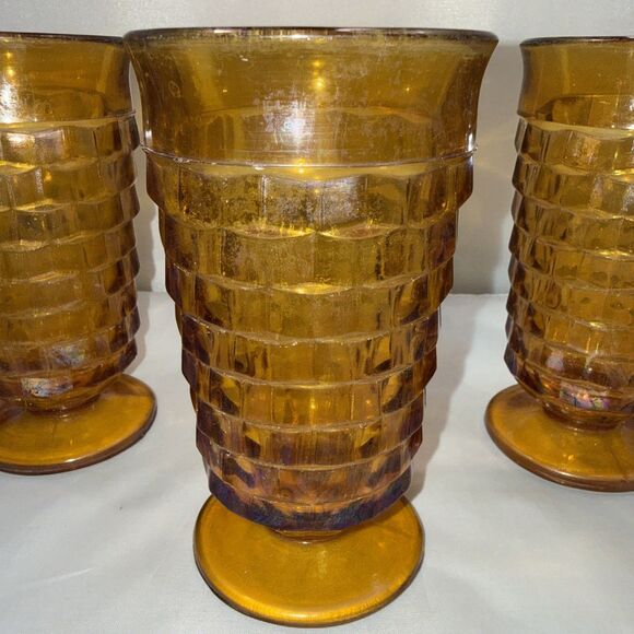 Vintage Indiana Glass Whitehall Cubist Amber Iced Tea Footed Glass Tumbler 3 - Picture 3 of 8